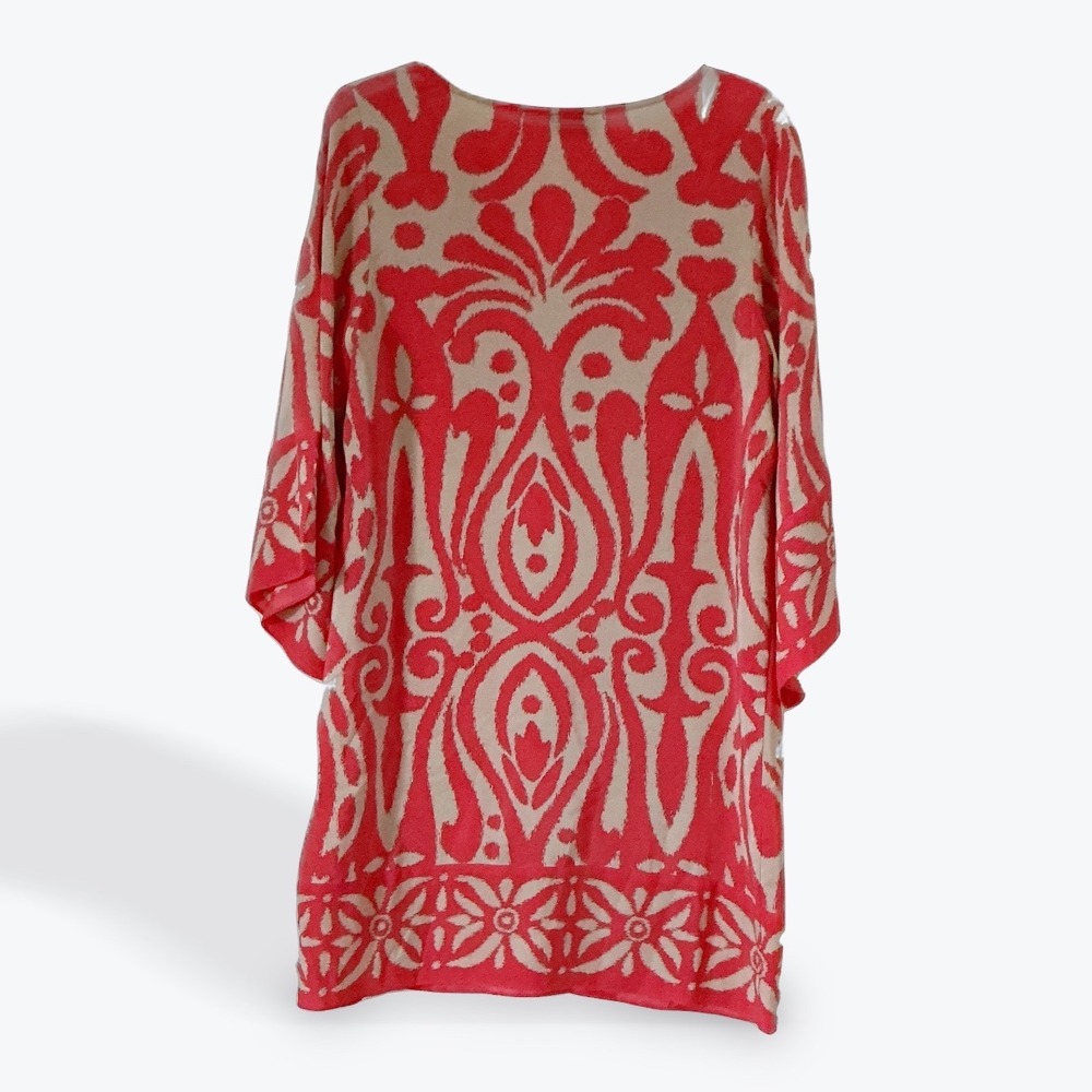 Alice & Trixie Silk Tunic Dress Medium Coral Orange Bell Sleeve Ikat Cover Up - Picture 9 of 15